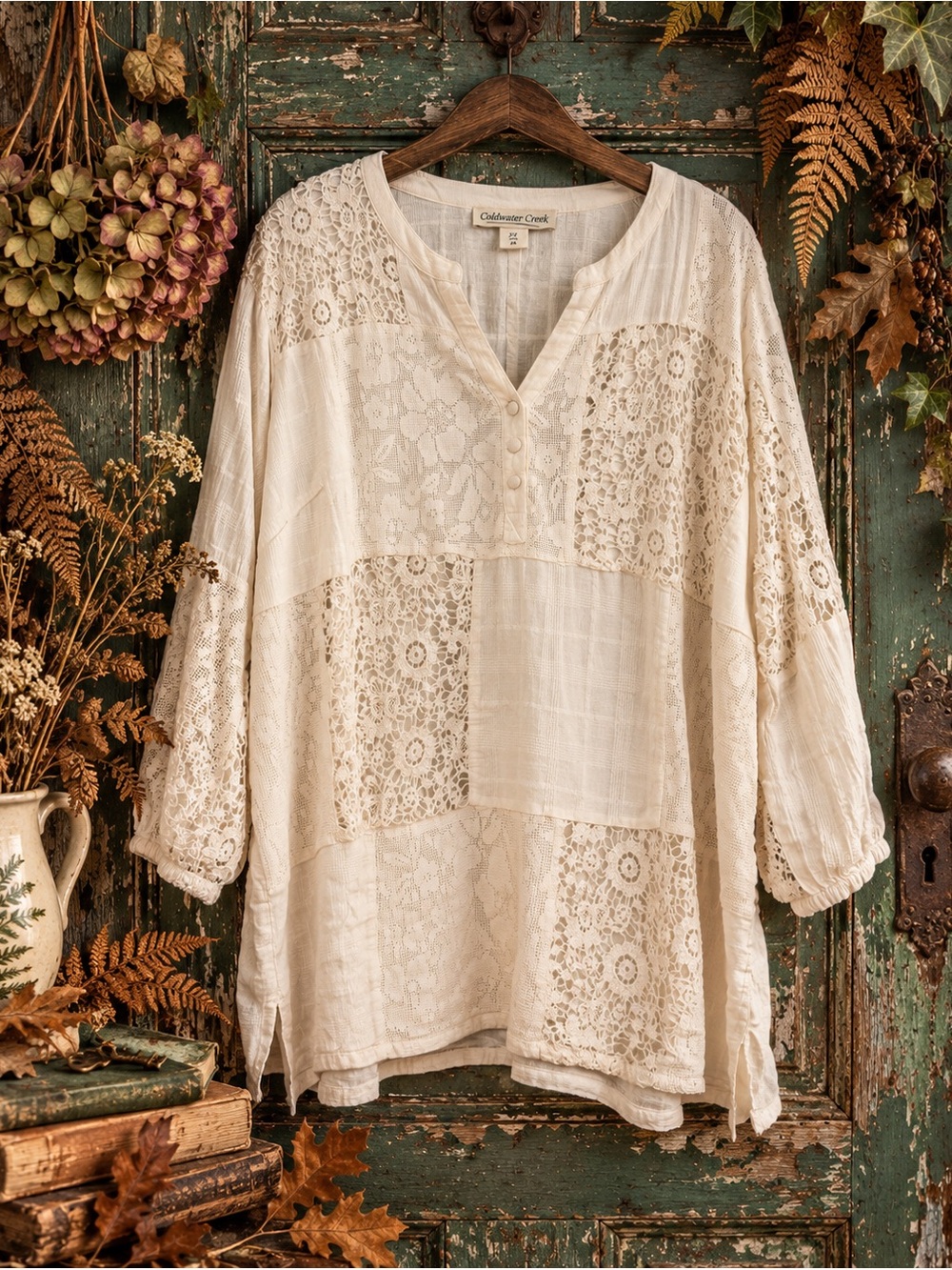 Coldwater Creek 2X Patchwork Lace Crochet Tunic Blouse Ivory Boho Lagenlook
